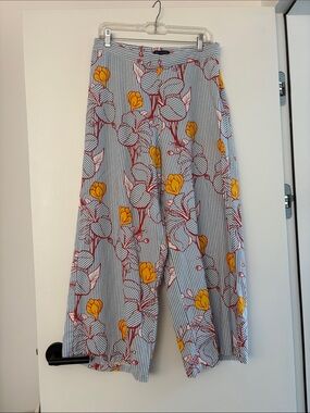 For Cynthia Floral/Striped Wide Leg Linen Blend Pants L EUC